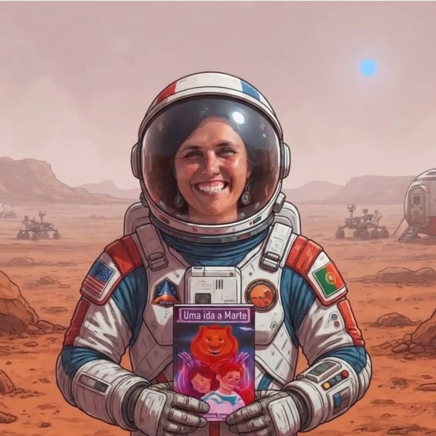 Helena in an astronaut suit on Mars, smiling and holding a book called Uma ida a Marte
